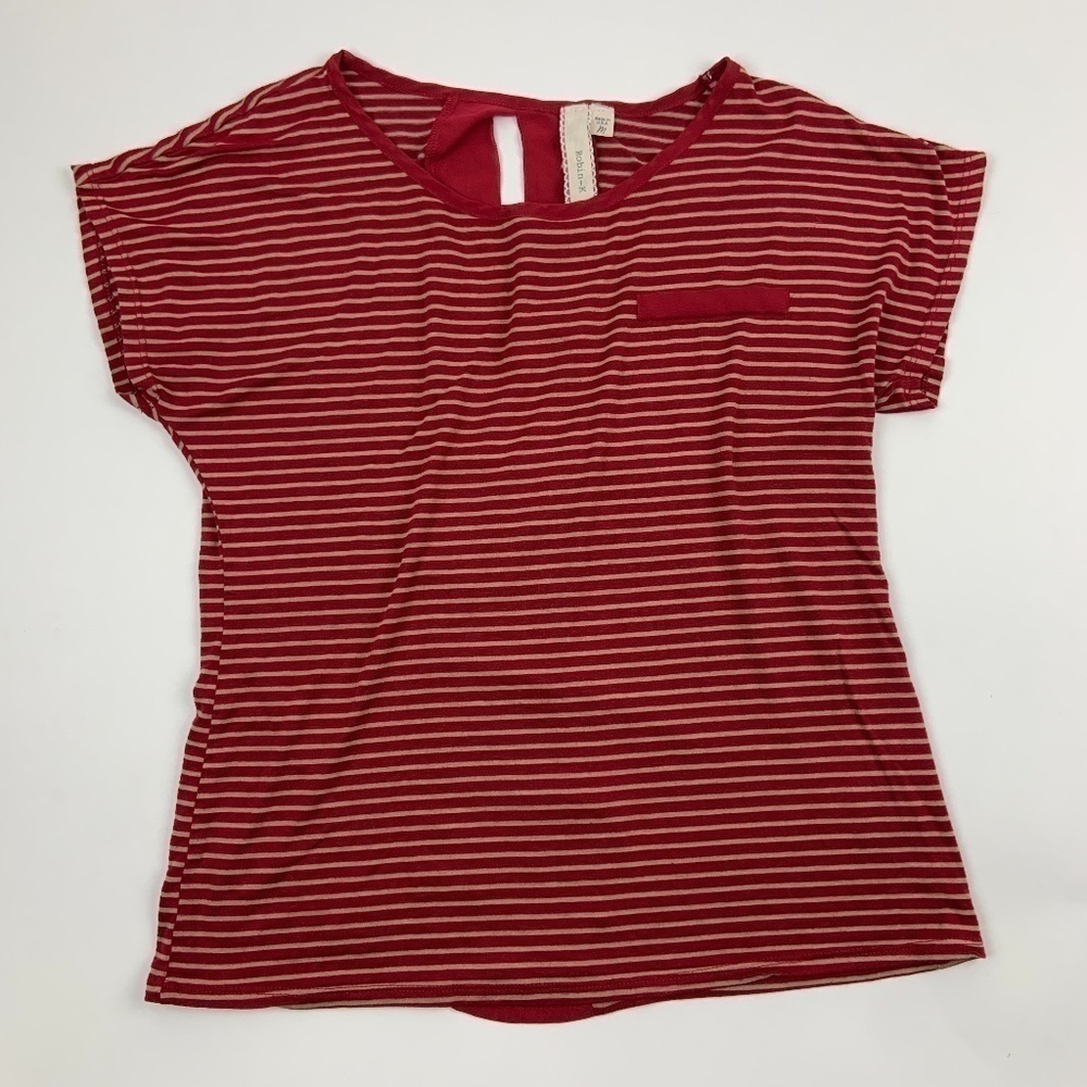 Robin K Blouse Womens Medium Round Neck Cap Sleeves Cut Out Back Red Tan Stripes
